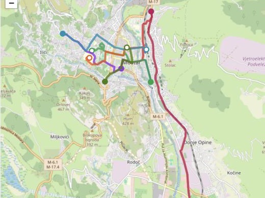 Map of Mostar with several computed car routes drawn in colour