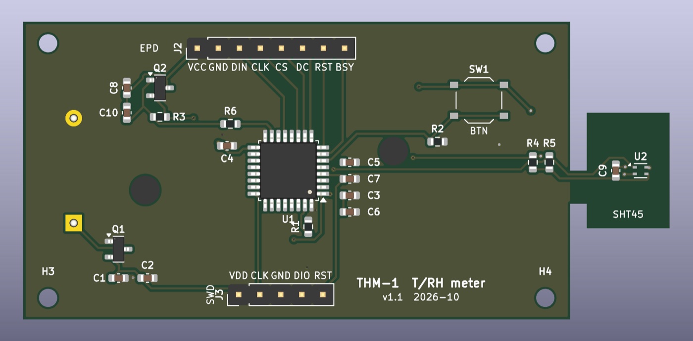 Top view of the THM-1 two-layer PCB with STM32L031 and SHT45 sensor tab